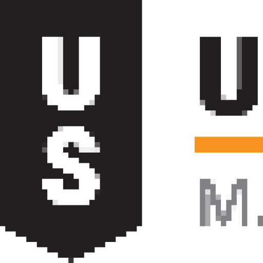 A black and white banner with the letters u, s, and m.