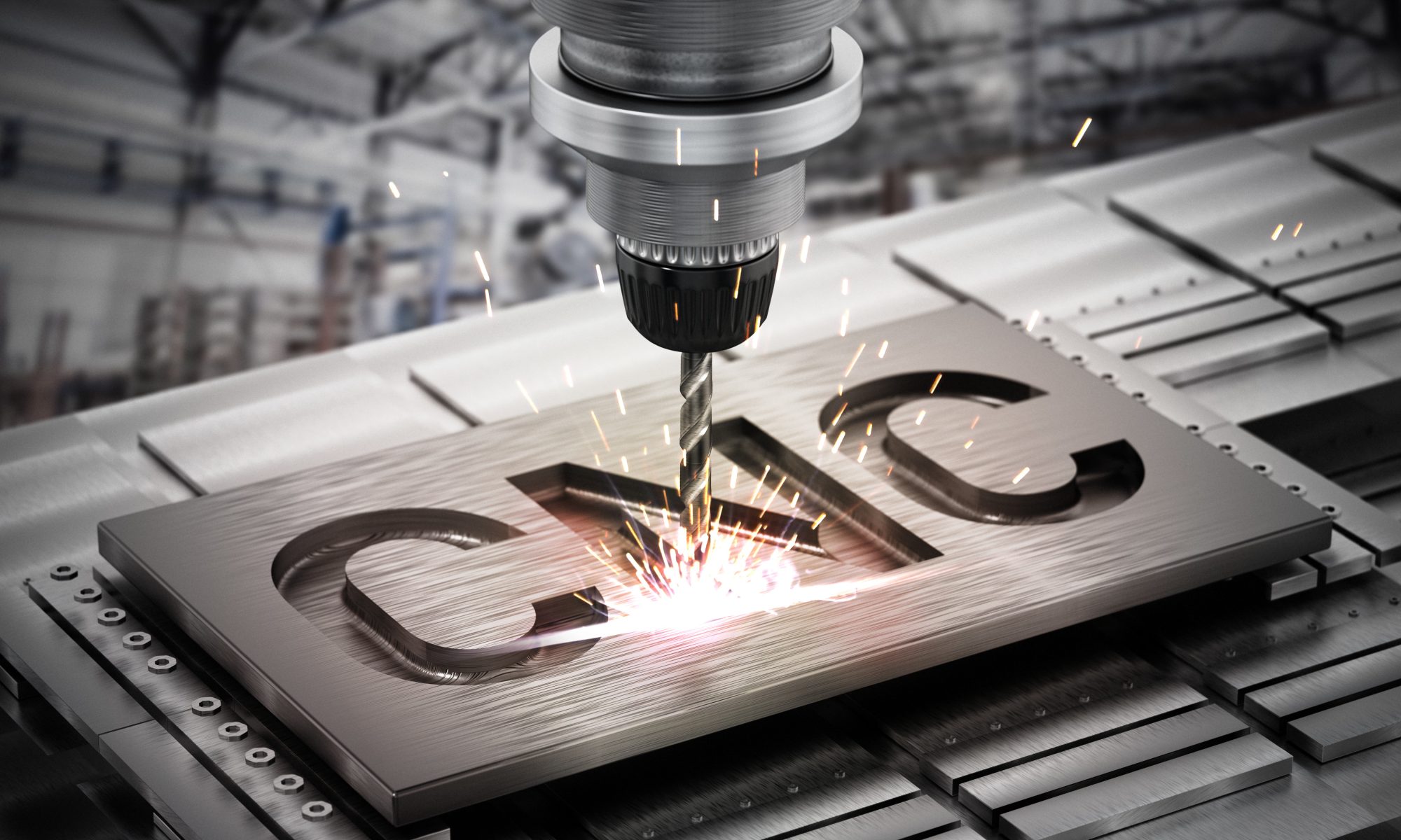 A machine cutting metal with the word cnc