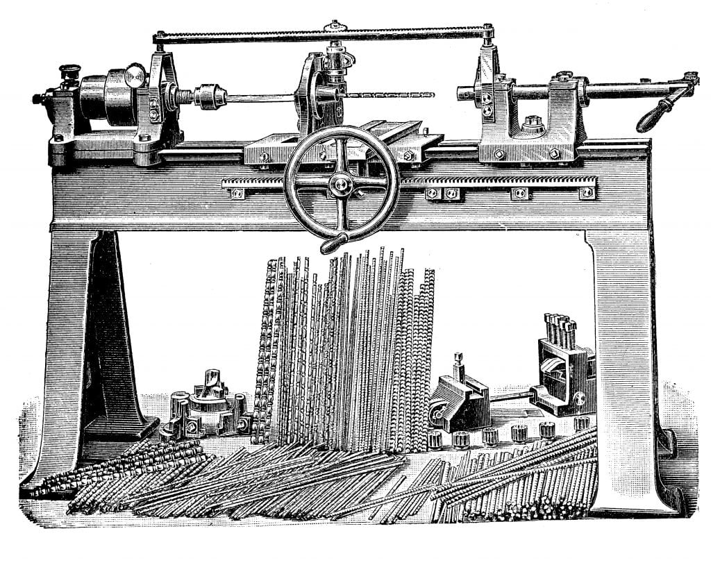 Black and white drawing of metalworking, turning bench lathe