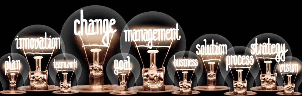 Group of light bulbs with shining fibers in a shape of Change Management, Strategy, Solution and Innovation concept related words isolated on black background